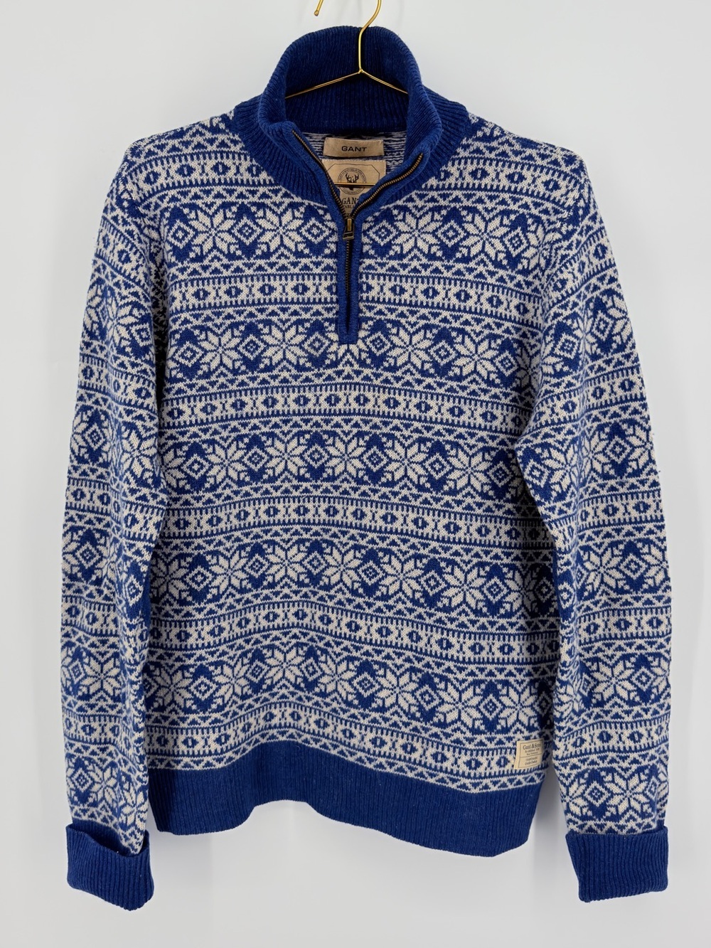 GANT 100% Lambswool Fair Isle Quarter Zip Sweater Blue White Size Medium